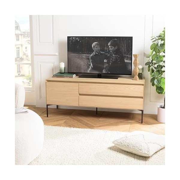 MAXENDRE - Meuble TV Naturel 1 Porte 2 tiroirs Pieds métal Noir