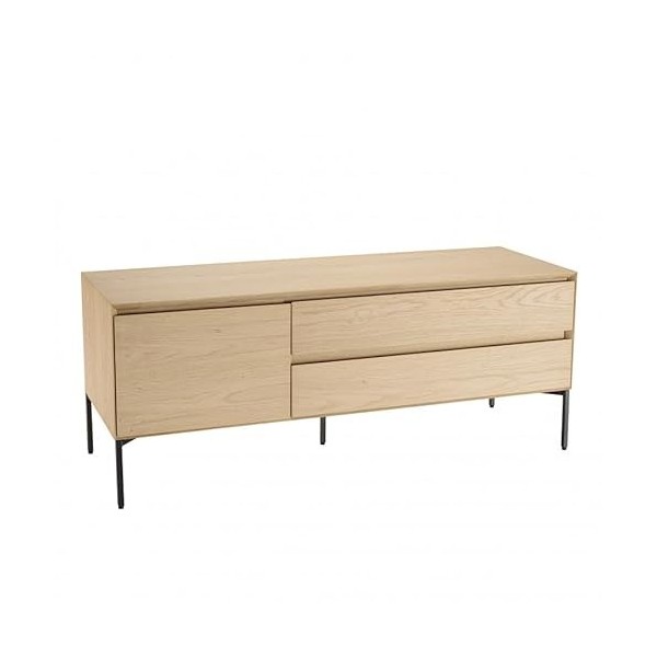 MAXENDRE - Meuble TV Naturel 1 Porte 2 tiroirs Pieds métal Noir