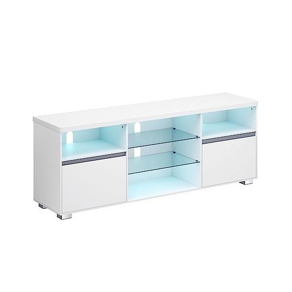 VASAGLE Meuble TV avec LED, Table Télé Moderne pour Les Téléviseurs Jusqu’à 70 Pouces, avec Étagères Ouvertes en Verre, 2 Pla