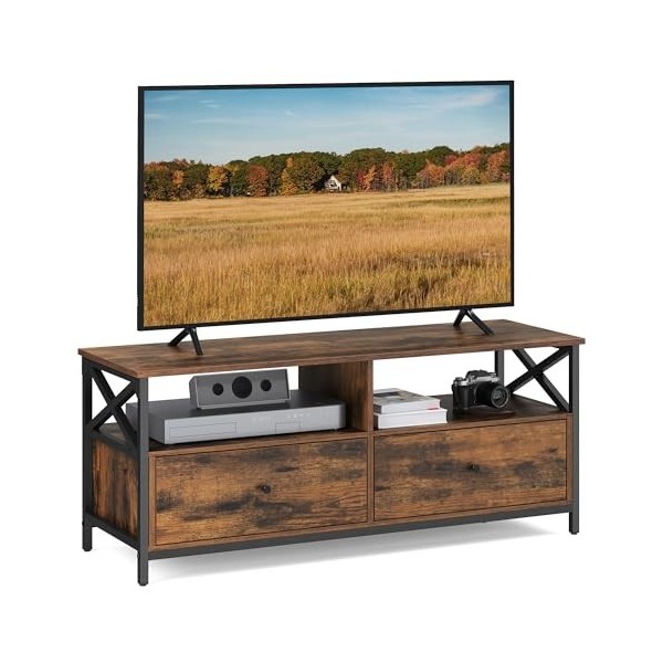 VASAGLE TV Cabinet, TV pour TV 55", Salon, avec tiroirs 2, 2 étagères de Rangement, 120x40x50 cm, Cadre en Acier, Style Indus