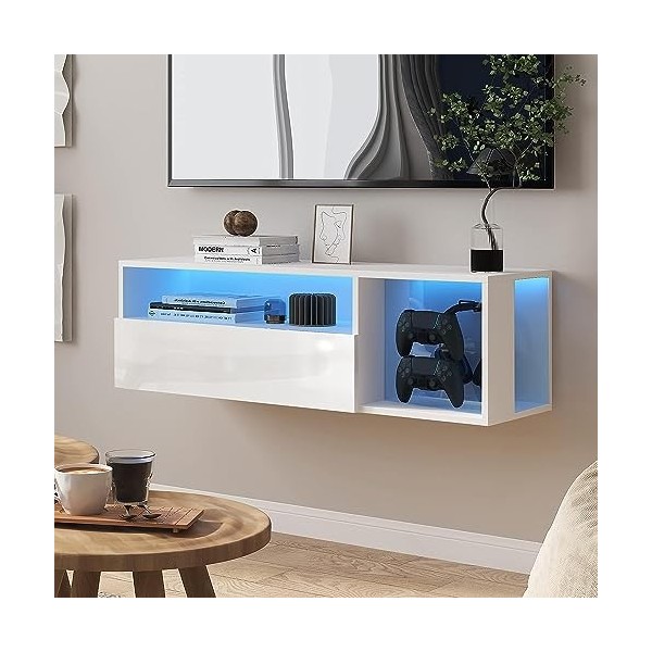 soges Meuble TV Suspendu pour Centre de Divertissement avec Lumières LED, 100cm Banc TV Mural avec Gestion des Câbles, Banc T