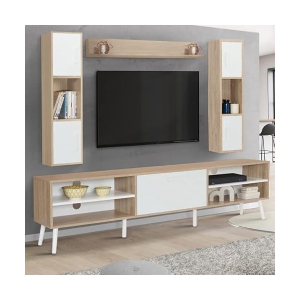 IDMarket - Ensemble Meuble TV et étagères Houston Bois et Blanc 180 cm