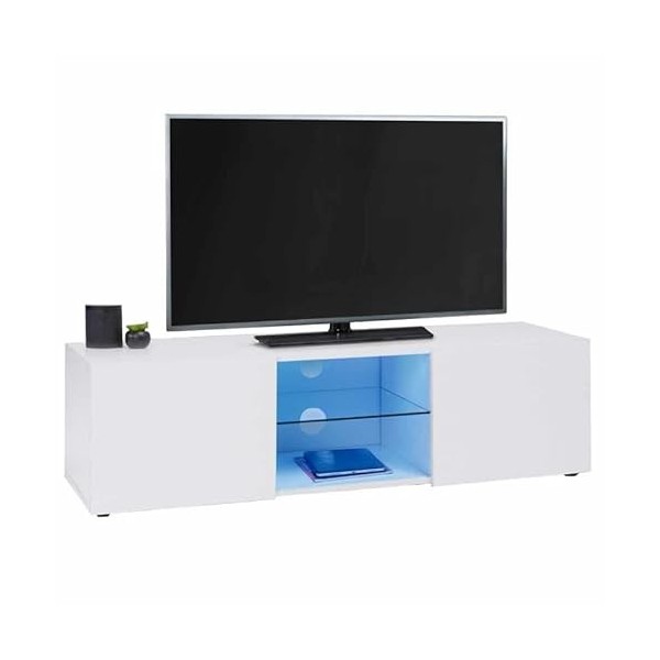 IDMarket - Meuble TV ELI Blanc étagère en Verre avec LED 113 cm