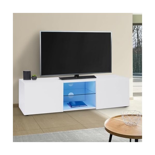 IDMarket - Meuble TV ELI Blanc étagère en Verre avec LED 113 cm