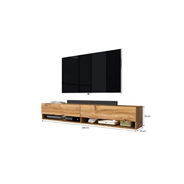 Meuble TV/Meuble de Salon – AXE – 180 cm – Style Industriel - 2 Compartiments fermés - 2 Niches Ouvertes – Chêne wotan – sans