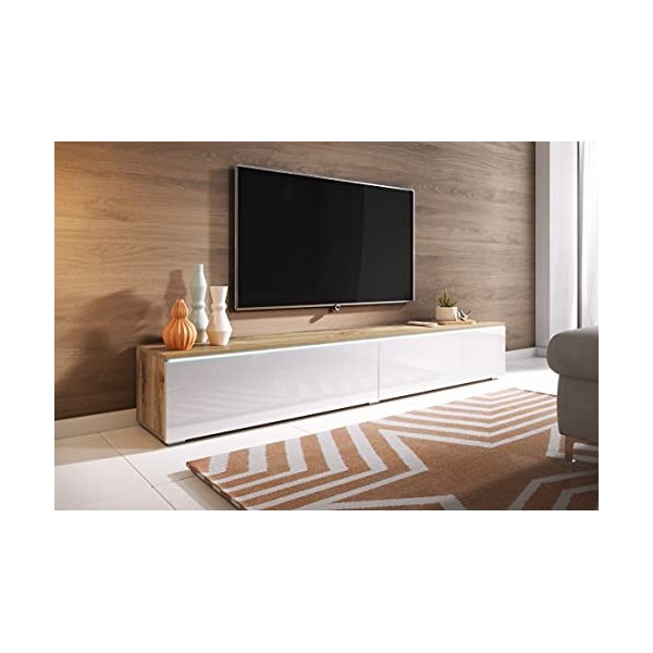 BRATEX LOWBOARD D Meuble TV 180 cm Blanc Brillant, Meuble TV Suspendu Support TV avec illusion LED 