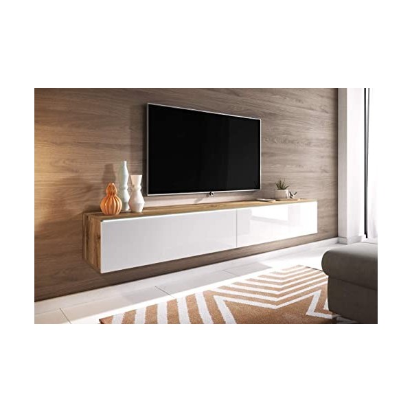 BRATEX LOWBOARD D Meuble TV 180 cm Blanc Brillant, Meuble TV Suspendu Support TV avec illusion LED 