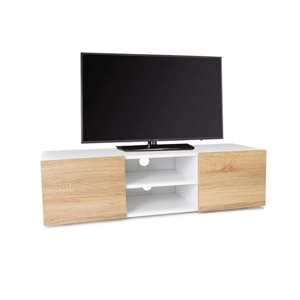 IDMarket - Meuble TV ELI Blanc Portes façon hêtre 113 cm