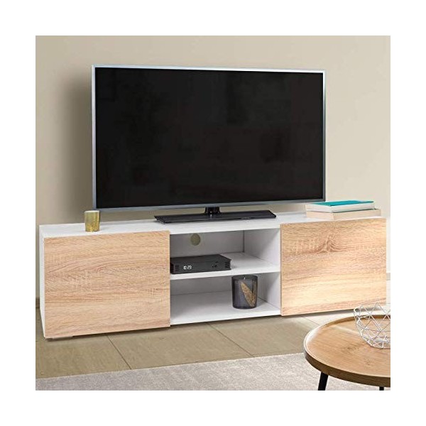 IDMarket - Meuble TV ELI Blanc Portes façon hêtre 113 cm