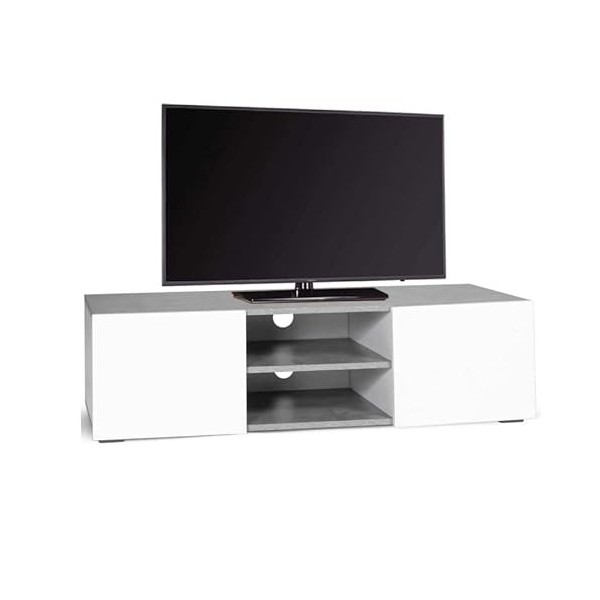 IDMarket - Meuble TV ELI Portes Blanches Plateau Effet béton 113 cm