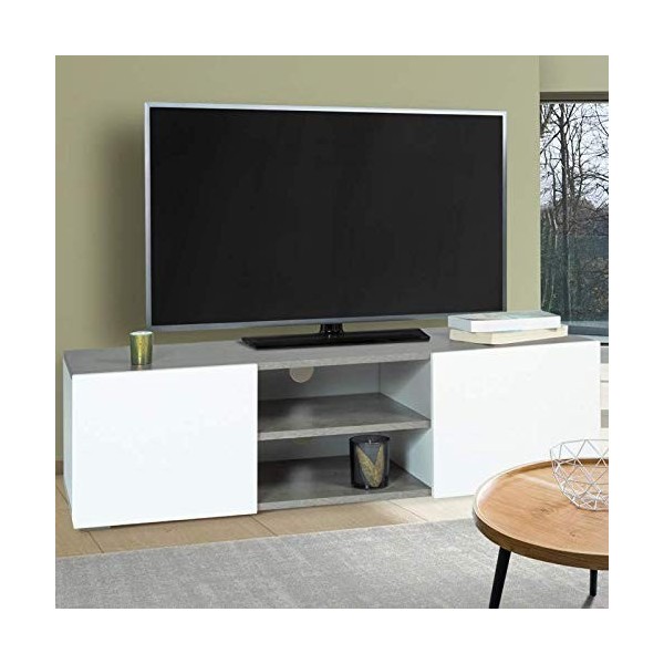 IDMarket - Meuble TV ELI Portes Blanches Plateau Effet béton 113 cm