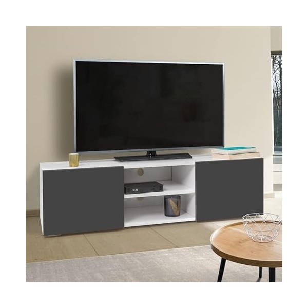 IDMarket - Meuble TV ELI Blanc Portes Gris Anthracite 113 cm