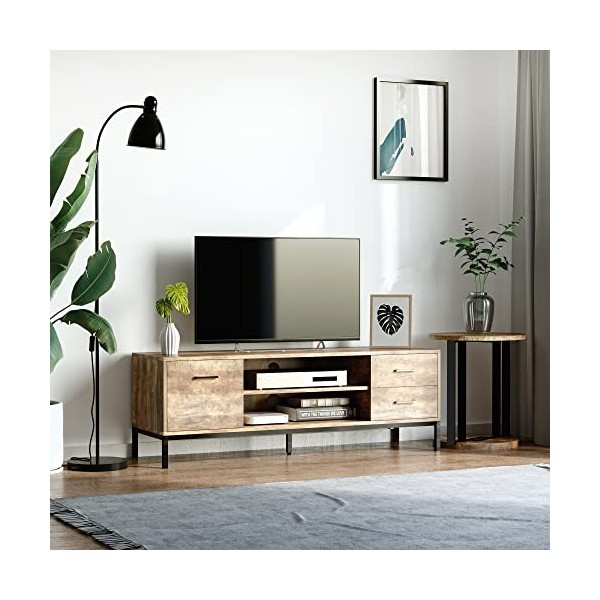 HOMCOM Meuble TV Banc TV Support de télévison jusquà 50 Pouces Placard, 2 tiroirs et étagère - 2 Passe-câbles - 132 x 39 x 4