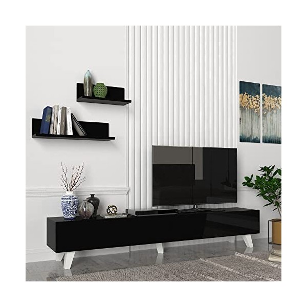 [en.casa] Ensemble Meuble TV avec 2 Étagères Murales Support Télé à 2 Portes Rabattables avec Espace de Rangement pour Salon 