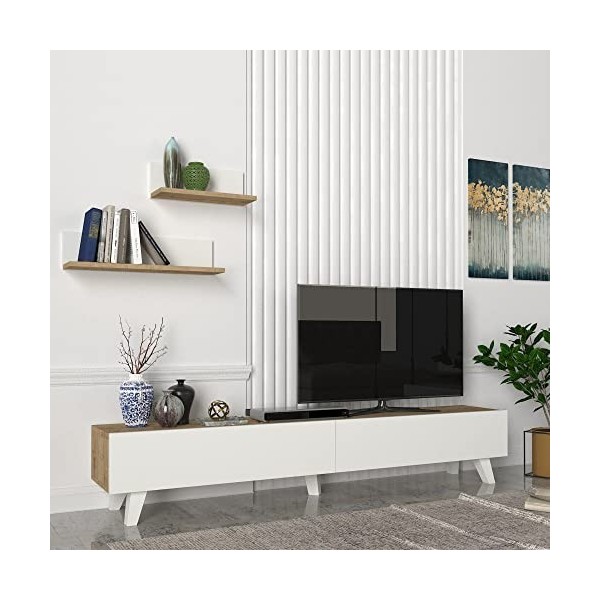 [en.casa] Ensemble Meuble TV avec 2 Étagères Murales Support Télé à 2 Portes Rabattables avec Espace de Rangement pour Salon 