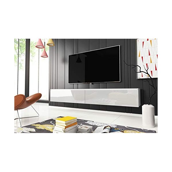 PIASKI Meuble TV LOWBOARD D 180 cm, support TV, meuble TV suspendu, blanc, béton sans éclairage LED 