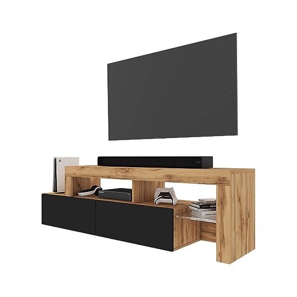 Selsey Asten - Meuble TV - 172 cm chêne wotan - façade Noir - avec LED