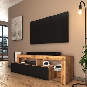 Selsey Asten - Meuble TV - 172 cm chêne wotan - façade Noir - avec LED