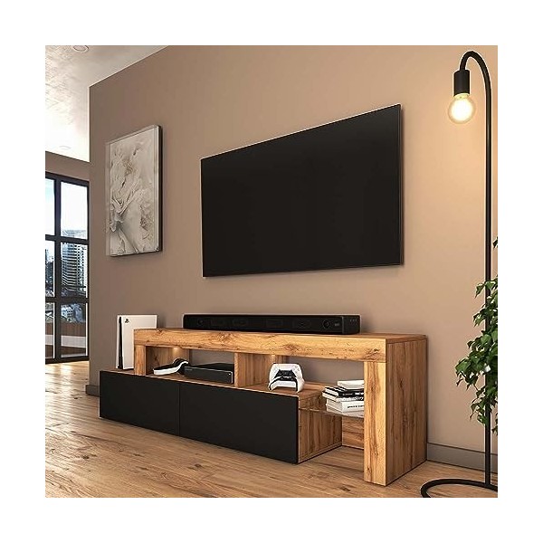 Selsey Asten - Meuble TV - 172 cm chêne wotan - façade Noir - avec LED