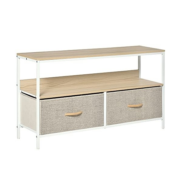HOMCOM Meuble TV Bas sur Pieds Support TV pour télévison jusquà 47 Pouces Style Industriel 2 tiroirs en Tissu Gris Bois Natu