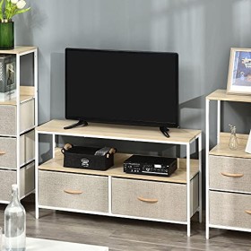 HOMCOM Meuble TV Bas sur Pieds Support TV pour télévison jusquà 47 Pouces Style Industriel 2 tiroirs en Tissu Gris Bois Natu