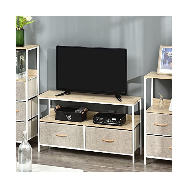 HOMCOM Meuble TV Bas sur Pieds Support TV pour télévison jusquà 47 Pouces Style Industriel 2 tiroirs en Tissu Gris Bois Natu