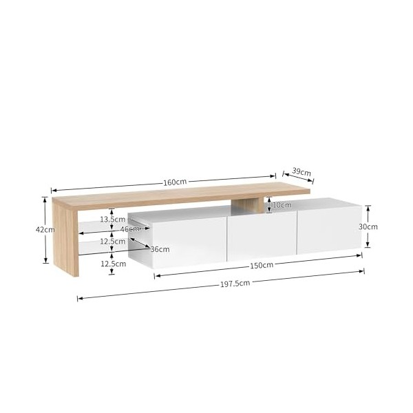 Sunny Living Meuble TV avec LED Lumière, élégant meuble TV salon avec grand espace de rangement en bois, blanc