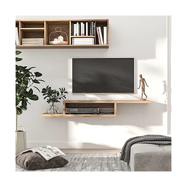 HOMCOM Meuble TV Mural Flottant Suspendu Support TV - étagère Murale Flottante - Niche, Passe-Fils - chêne Clair