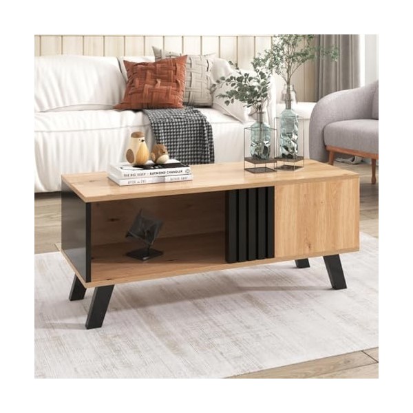 KOMHTOM Meuble TV en bois et noir, buffet avec cinq compartiments de rangement et un tiroir, armoire polyvalente pour salon, 