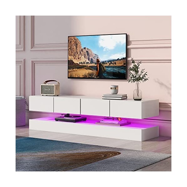 ZboLi Meuble TV LED, Meuble TV Blanc Laqué éclairage LED avec 16 Couleurs Ajustables, Plateau TV Haute Brillance, Design sans