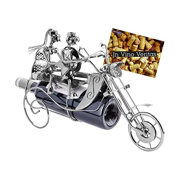BRUBAKER - Porte-Bouteille de vin - Couple à Moto - Sculpture en Métal - Carte de voeux INCL. - Idée Cadeau Originale