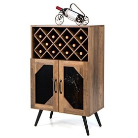 Giantex Meuble de Bar à Vin, Buffet Industriel avec Casier à Vin Amovible et Porte-Verre Intégré, Meuble de Rangement en Bois