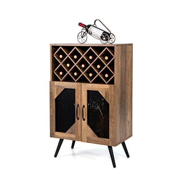 Giantex Meuble de Bar à Vin, Buffet Industriel avec Casier à Vin Amovible et Porte-Verre Intégré, Meuble de Rangement en Bois