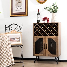 Giantex Meuble de Bar à Vin, Buffet Industriel avec Casier à Vin Amovible et Porte-Verre Intégré, Meuble de Rangement en Bois
