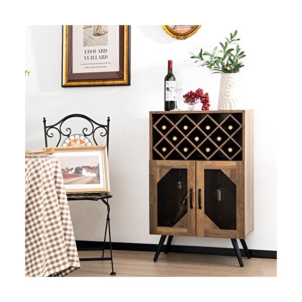 Giantex Meuble de Bar à Vin, Buffet Industriel avec Casier à Vin Amovible et Porte-Verre Intégré, Meuble de Rangement en Bois