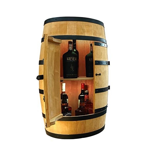 CREATIVE COOPER Casier à vin en bois avec porte LED - Armoire à alcool - Étagère à bouteilles en bois - Baril en bois - Meubl