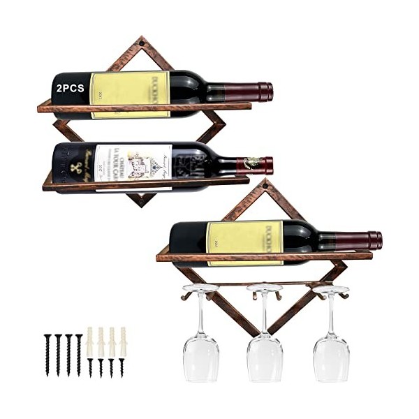 Supports Muraux pour Bouteilles de Vin en Métal, Rganisateur de Casier à Vin Suspendu Pliable pour 2 Bouteilles dalcool, Éta