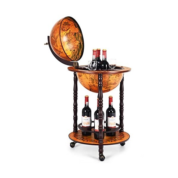 KOMFOTTEU Casier à bouteilles en bois avec roulettes, support pour bouteilles à 2 niveaux, meuble minibar pour boissons, rest