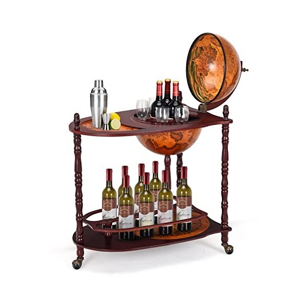 KOMFOTTEU Casier à bouteilles en bois avec roulettes, support pour bouteilles à 2 niveaux, meuble minibar pour boissons, rest