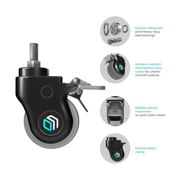 ONKRON AWL100 BLK Lot de 4 roulettes en caoutchouc munies de freins Noir