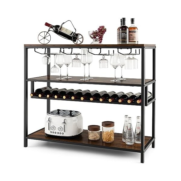 KOMFOTTEU Étagère à Vin à 4 Niveaux, Porte-Bouteilles pour 13 Bouteilles et 4 Rangées de Porte-gobelets, Casier à Vin avec 3 