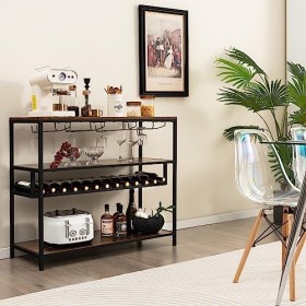 KOMFOTTEU Étagère à Vin à 4 Niveaux, Porte-Bouteilles pour 13 Bouteilles et 4 Rangées de Porte-gobelets, Casier à Vin avec 3 