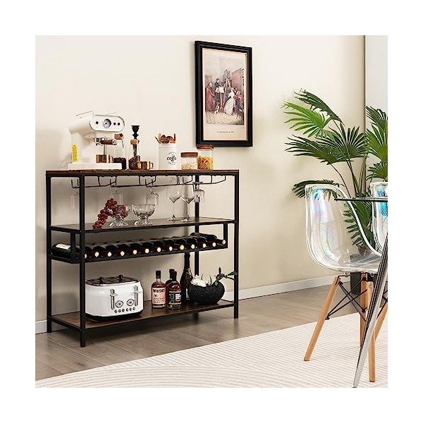 KOMFOTTEU Étagère à Vin à 4 Niveaux, Porte-Bouteilles pour 13 Bouteilles et 4 Rangées de Porte-gobelets, Casier à Vin avec 3 