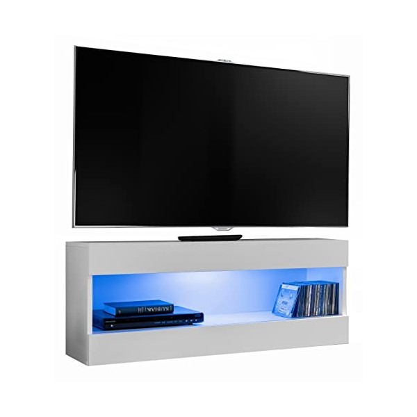 ExtremeFurniture Open RTV 100 Meuble TV, Carcasse en Blanc Mat/Façade en Blanc Mat + LED Bleues