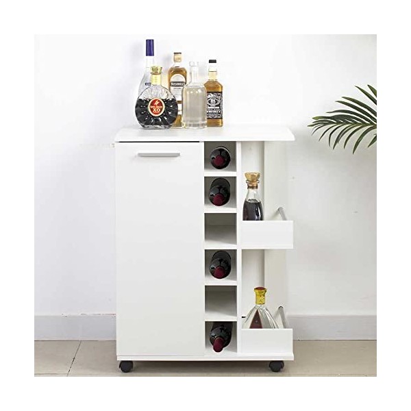 BAKAJI Meuble Bar Bouteilles vin Bois Cave 6 Places Porte Verres Blanc, dingénierie, 60x37x82cm