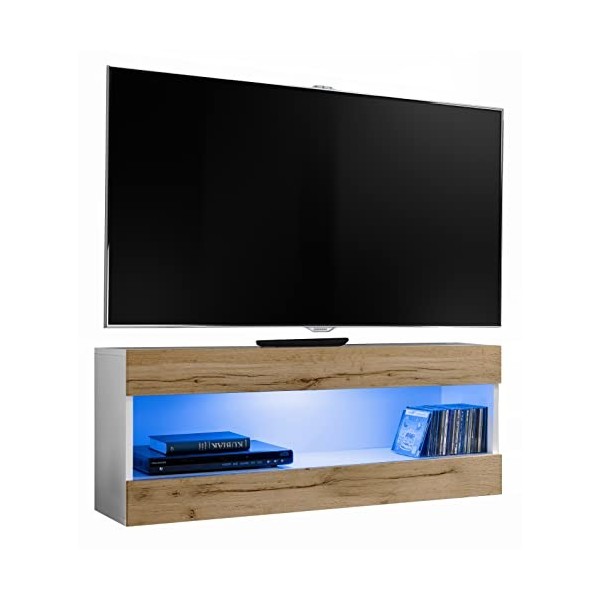 ExtremeFurniture Open RTV 100 Meuble TV, Carcasse en Blanc Mat/Façade en Blanc Mat + LED Bleues