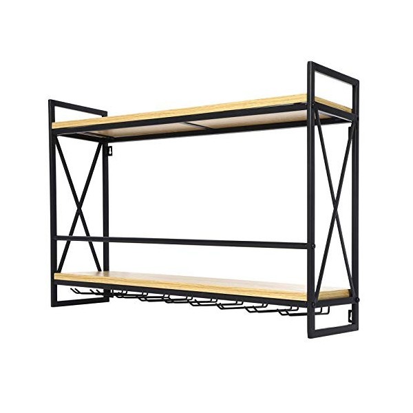 Casier à Vin Industriel étagère Murale à 2 Couches, Support de Verre à 8 Pieds, Merveilleux Rangement et Affichage pour la Cu