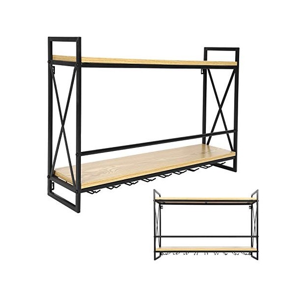 Casier à Vin Industriel étagère Murale à 2 Couches, Support de Verre à 8 Pieds, Merveilleux Rangement et Affichage pour la Cu