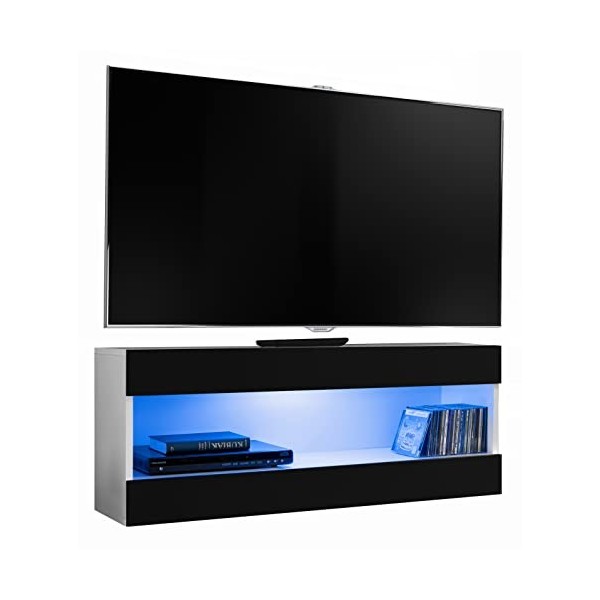 ExtremeFurniture Open RTV 100 Meuble TV, Carcasse en Blanc Mat/Façade en Blanc Mat + LED Bleues