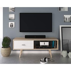 Berlioz Creations Oliven Meuble TV, Chêne cérusé et Blanc, 111 x 38 x 45 cm, Fabrication 100% Française